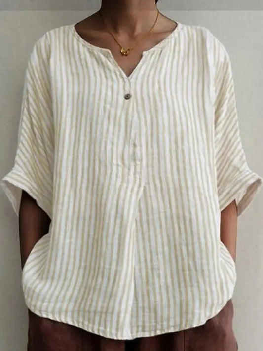 Women’s Blouse – Relaxed Fit – V-Neck – Half Sleeve – Natural Fibers – Stripe Print