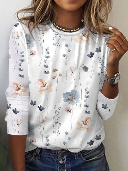 Women’s Blouse – Floral Print – Relaxed Fit – Crew Neck – Long Sleeve – Cotton