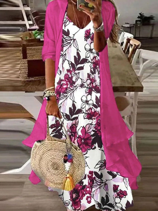 Women’s Maxi Dress – Two-Piece Set – Relaxed Fit – Sheer Layer – Floral Print