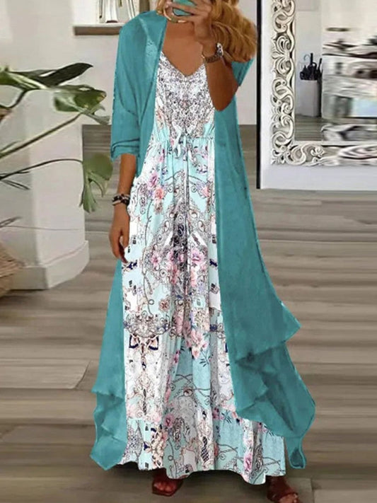 Women’s Two-Piece Maxi Dress – Relaxed Fit – Floral Print – Breathable Blend – V-Neck
