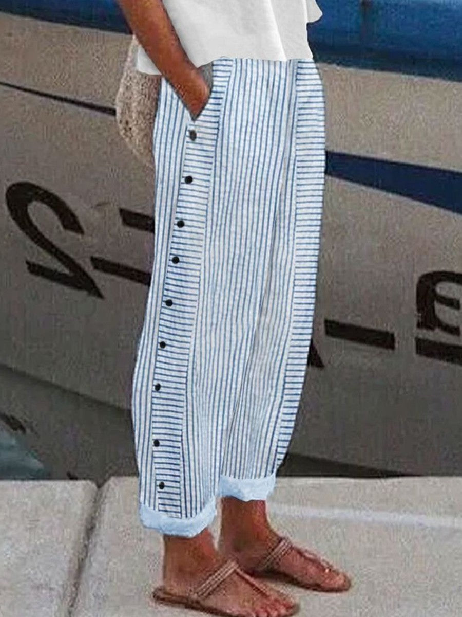 Women’s Wide-Leg Pants – Relaxed Fit – Breathable Blend – Striped with Side Buttons