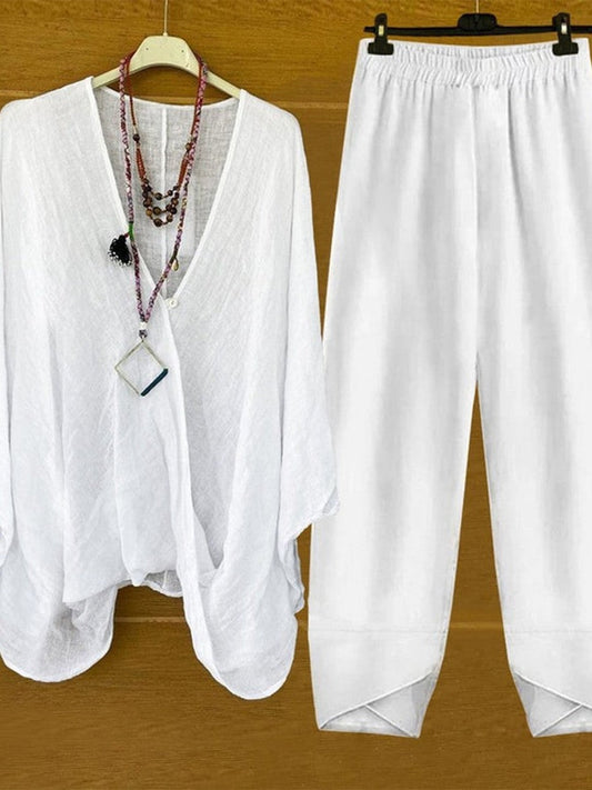 Women’s Lounge Set – Oversized V-Neck Top – Elastic Waist Pants – Breathable Blend