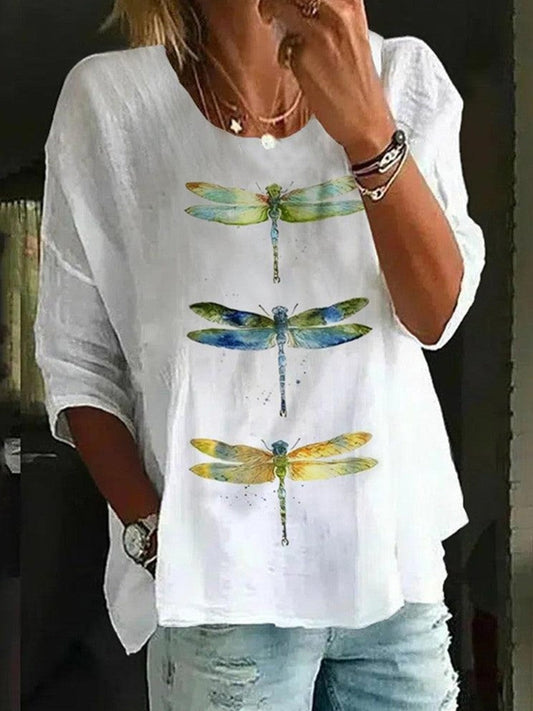 Women’s Blouse – Relaxed Fit – Cotton Blend – Elbow Sleeve – Dragonfly Print