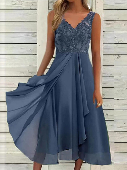 Women’s Midi Dress – Sleeveless A-Line – Lace Bodice – Layered Skirt – V Neck