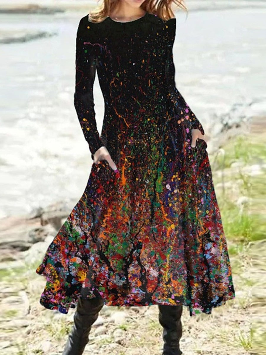 Women’s Midi Dress – A-Line Fit – Long Sleeve – Cotton Fabric – Artistic Pattern – Pockets
