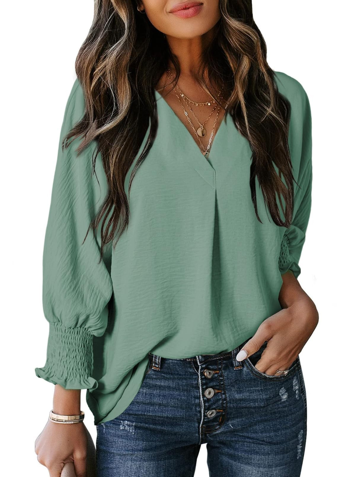 Women’s T-shirt – V-neck – Loose Fit – 3/4 Sleeve with Smocked Cuffs – Cotton Style
