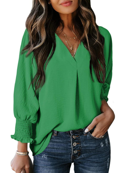 Women’s T-shirt – V-neck – Loose Fit – 3/4 Sleeve with Smocked Cuffs – Cotton Style