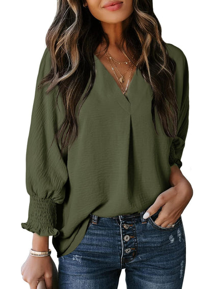 Women’s V-Neck T-Shirt – Loose Fit – Soft Knit – 3/4 Sleeve with Gathered Cuffs