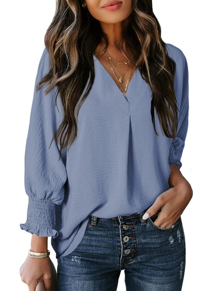 Women’s T-shirt – V-neck – Loose Fit – 3/4 Sleeve with Smocked Cuffs – Cotton Style
