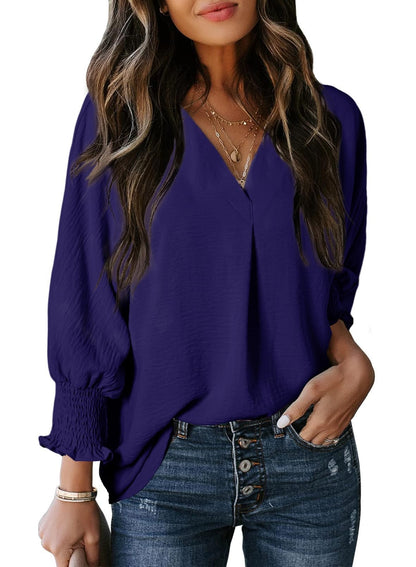 Women’s T-shirt – V-neck – Loose Fit – 3/4 Sleeve with Smocked Cuffs – Cotton Style