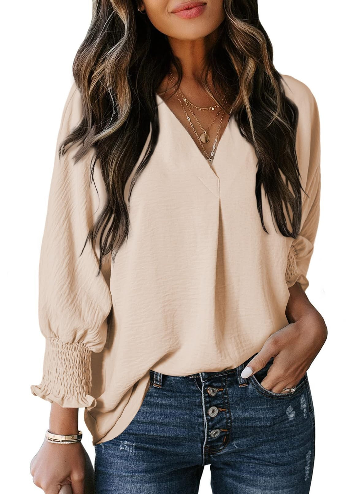 Women’s T-shirt – V-neck – Loose Fit – 3/4 Sleeve with Smocked Cuffs – Cotton Style