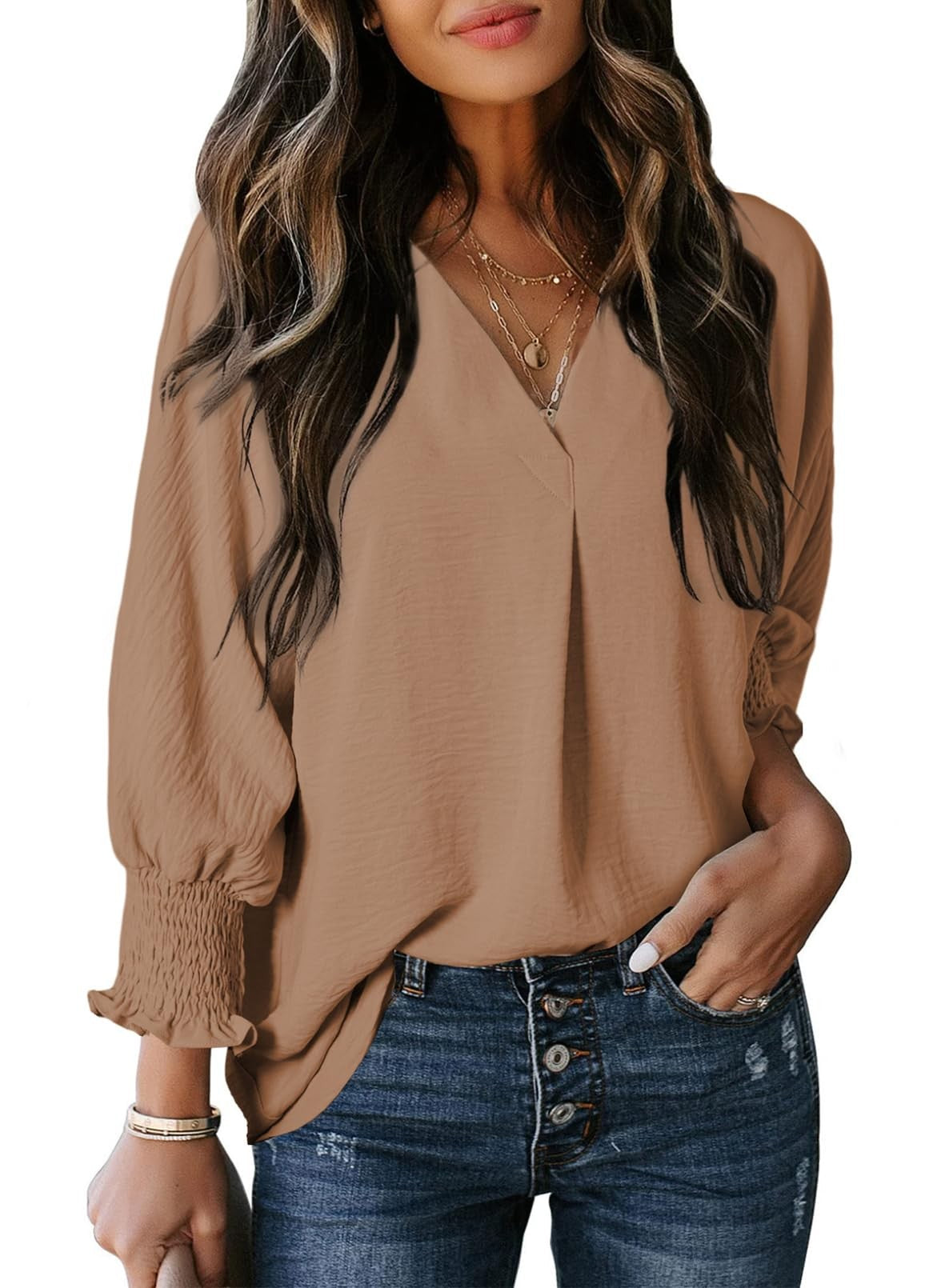 Women’s V-Neck T-Shirt – Loose Fit – Soft Knit – 3/4 Sleeve with Gathered Cuffs