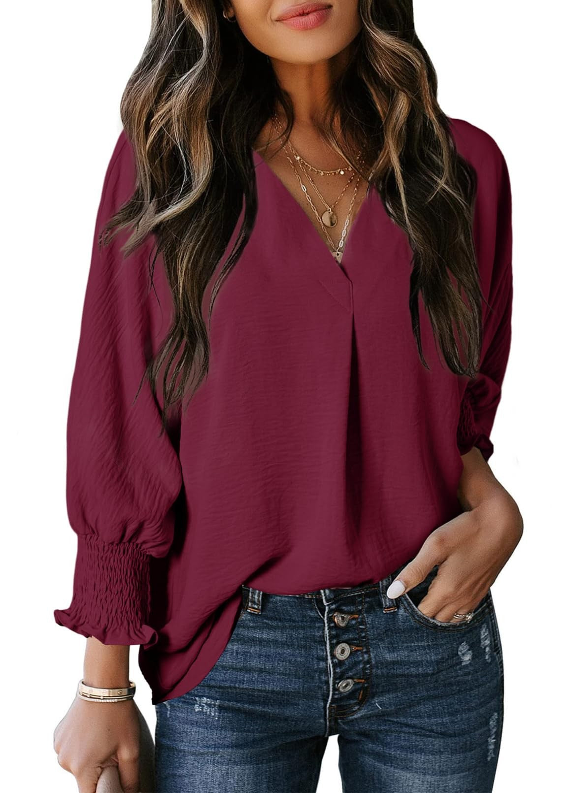 Women’s T-shirt – V-neck – Loose Fit – 3/4 Sleeve with Smocked Cuffs – Cotton Style