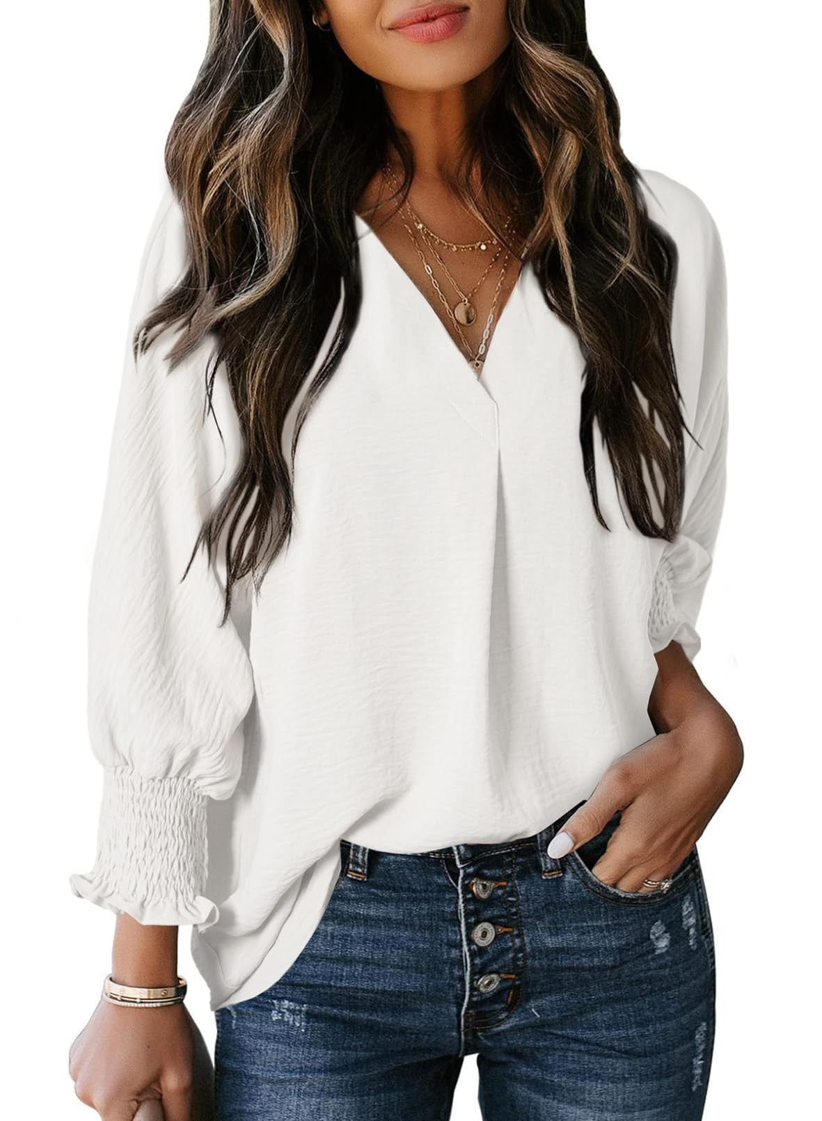 Women’s V-Neck T-Shirt – Loose Fit – Soft Knit – 3/4 Sleeve with Gathered Cuffs