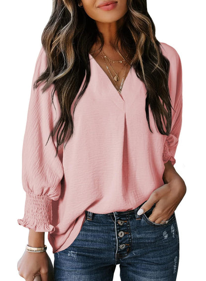 Women’s V-Neck T-Shirt – Loose Fit – Soft Knit – 3/4 Sleeve with Gathered Cuffs