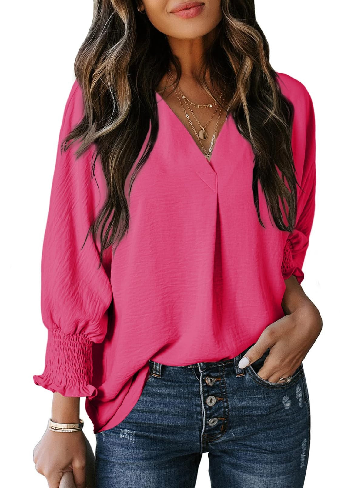 Women’s V-Neck T-Shirt – Loose Fit – Soft Knit – 3/4 Sleeve with Gathered Cuffs