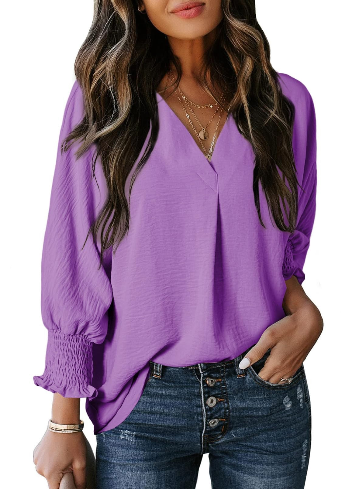 Women’s V-Neck T-Shirt – Loose Fit – Soft Knit – 3/4 Sleeve with Gathered Cuffs