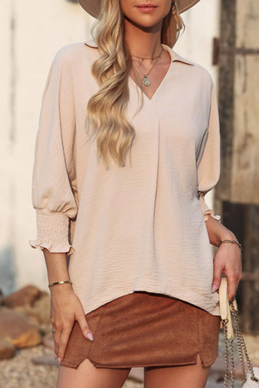 Women’s T-shirt – V-neck – Loose Fit – 3/4 Sleeve with Smocked Cuffs – Cotton Style