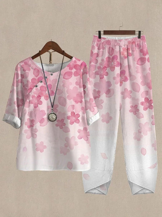 Women’s Two-Piece Set – Relaxed Fit Cotton Blend – Floral Print – Elastic Waistband