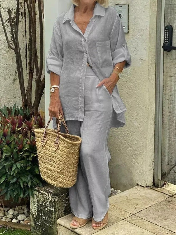 Women’s Two-Piece Set – Natural Fibers – Relaxed Fit – Long Sleeve Top – Straight-Leg Pants