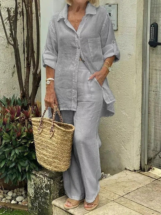 Women’s Two-Piece Set – Natural Fibers – Relaxed Fit – Long Sleeve Top – Straight-Leg Pants