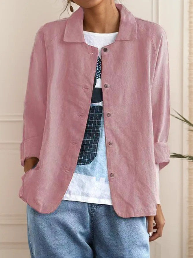 Women’s Loose Shirt – Cotton Blend – Shawl Collar – 3/4 Sleeve – Button Front