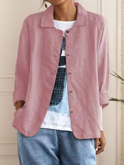 Women’s Loose Shirt – Cotton Blend – Shawl Collar – 3/4 Sleeve – Button Front