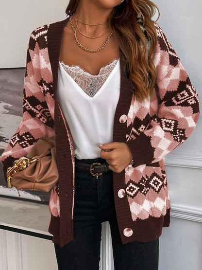 Women’s Sweater Coat – Soft Knit – Oversized Fit – Ethnic Geometric Pattern – Button Front