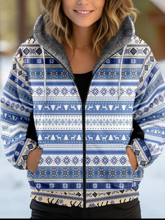 Women’s Jacket – Loose Fit – Faux Fur Lined – Ethnic Pattern – Hooded – Zip Front