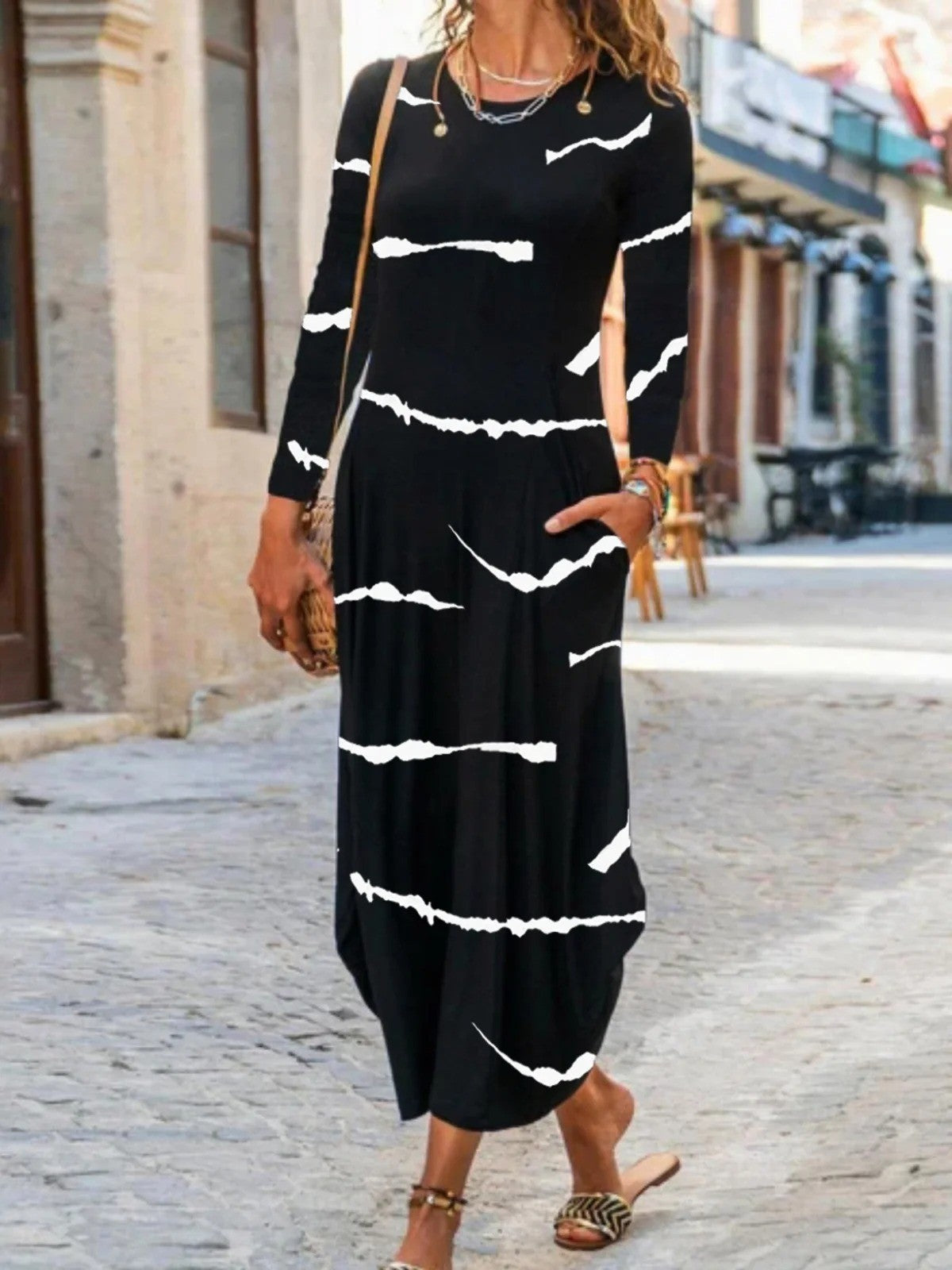 Women’s Maxi Dress – Cotton Blend – H-Line Fit – Crew Neck – Long Sleeve Casual Wear