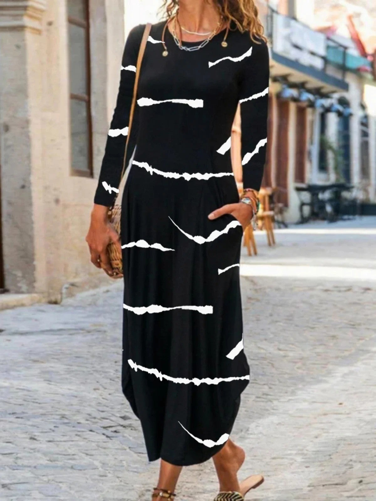 Women’s Maxi Dress – Cotton Blend – H-Line Fit – Crew Neck – Long Sleeve Casual Wear