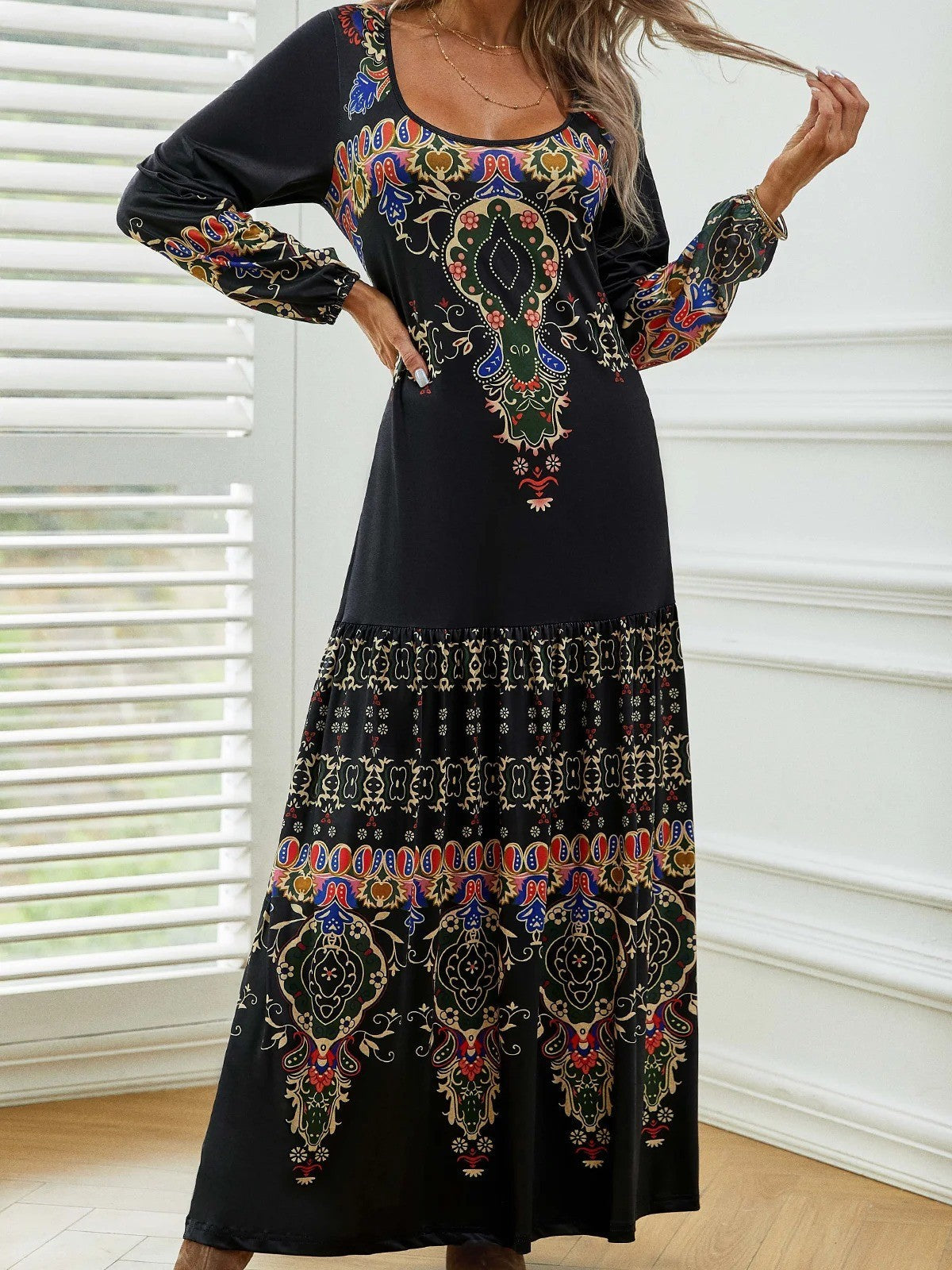 Women’s Maxi Dress – Relaxed Fit A-Line – Vintage Print – Long Sleeve Cotton Blend