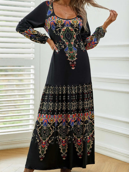Women’s Maxi Dress – Relaxed Fit A-Line – Vintage Print – Long Sleeve Cotton Blend