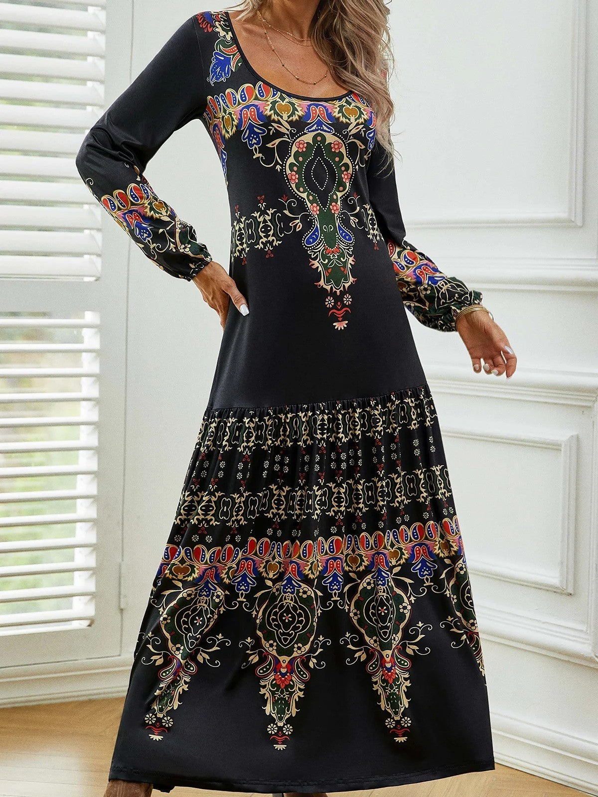 Women’s Maxi Dress – Relaxed Fit A-Line – Vintage Print – Long Sleeve Cotton Blend