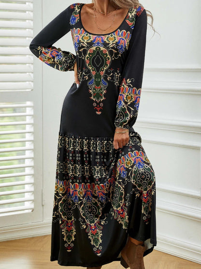 Women’s Maxi Dress – Relaxed Fit A-Line – Vintage Print – Long Sleeve Cotton Blend
