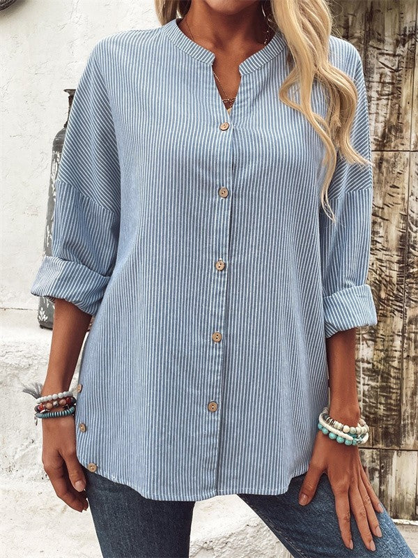 Women's Shirt - Cotton Blend - Relaxed Fit - Band Collar V-Neck