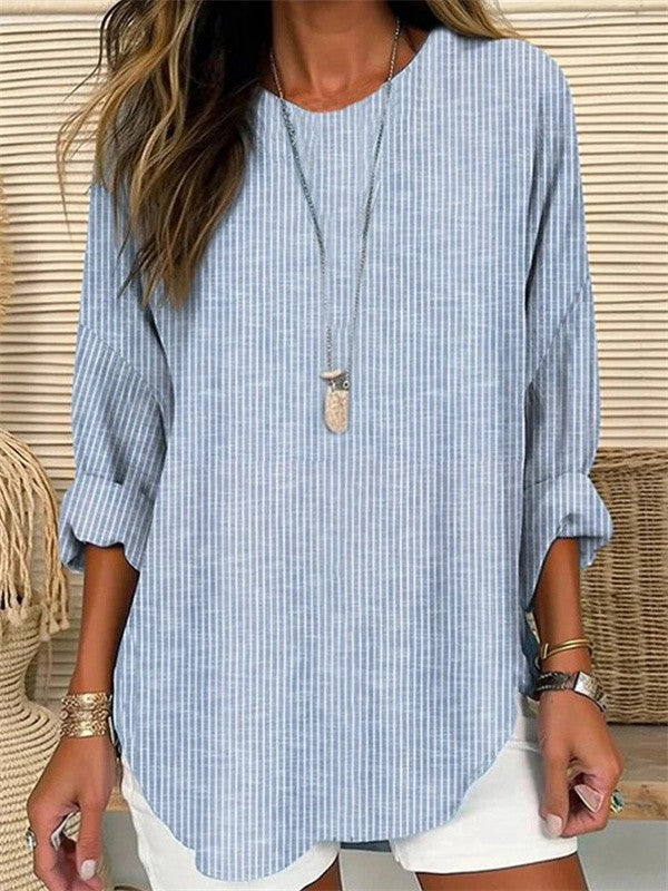 Women’s Blouse – Relaxed Fit – Vertical Stripes – Long Sleeve – Lightweight Cotton