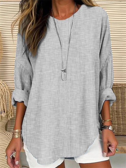 Women’s Blouse – Relaxed Fit – Vertical Stripes – Long Sleeve – Lightweight Cotton