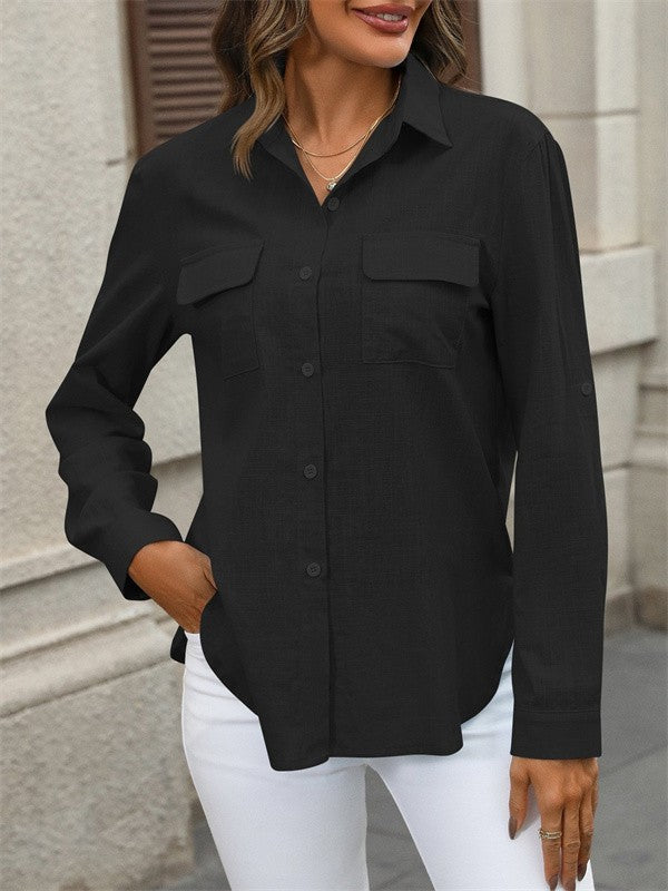 Women’s Blouse – Cotton Linen – Relaxed Fit – Button Down – Long Sleeve with Pockets