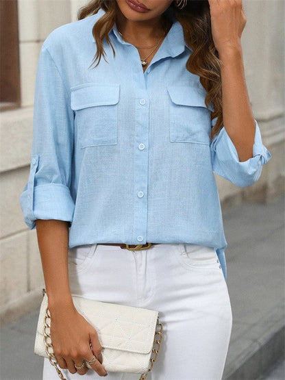 Women’s Blouse – Cotton Linen – Relaxed Fit – Button Down – Long Sleeve with Pockets