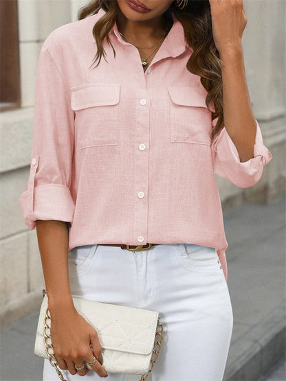 Women’s Blouse – Cotton Linen – Relaxed Fit – Button Down – Long Sleeve with Pockets