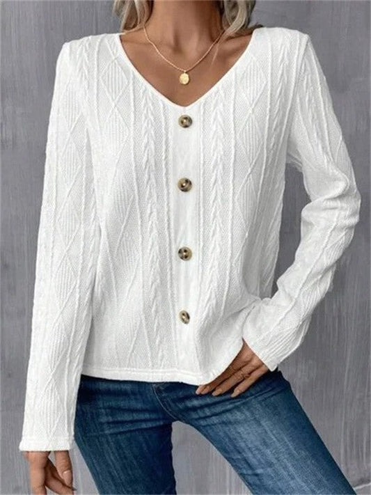 Women’s Long Sleeve Shirt – V-Neck – Knit Fabric – Regular Fit – Cable Knit – Button Front