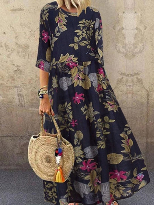 Women’s Maxi Dress – Relaxed Fit – Floral Print – Half Sleeve – Breathable Blend