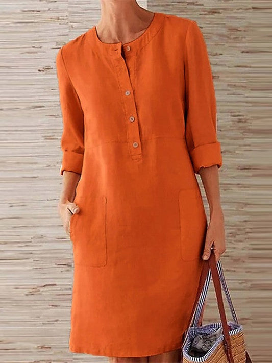 Women’s Midi Dress – Relaxed Fit – Button Front – Crew Neck – Long Sleeve – Pockets