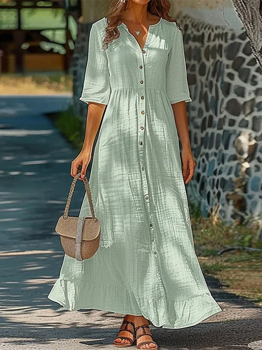 Women’s Maxi Dress – Natural Fibers – Relaxed Fit – Button Front – Ruffle Hem