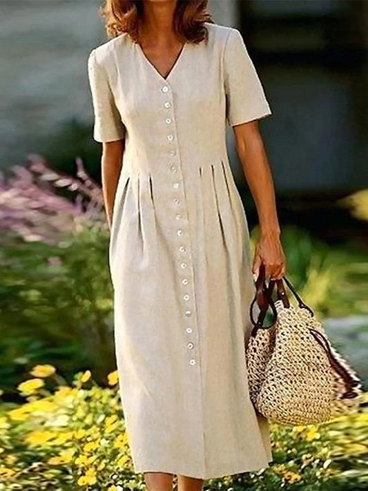 Women’s Midi Dress – Natural Fibers – Relaxed Fit – Button Front – V-Neck – Pleated