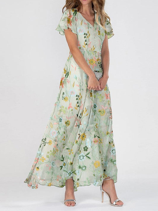 Women’s Maxi Dress – Relaxed Fit – V Neck – Ruffle Sleeve – Floral Cotton Fabric