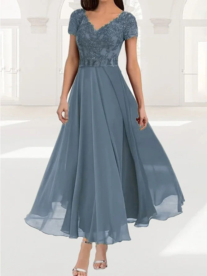 Women’s Maxi Dress – Lace Bodice – V-Neck – Short Sleeve – Flowing Skirt – Luxury Fabric