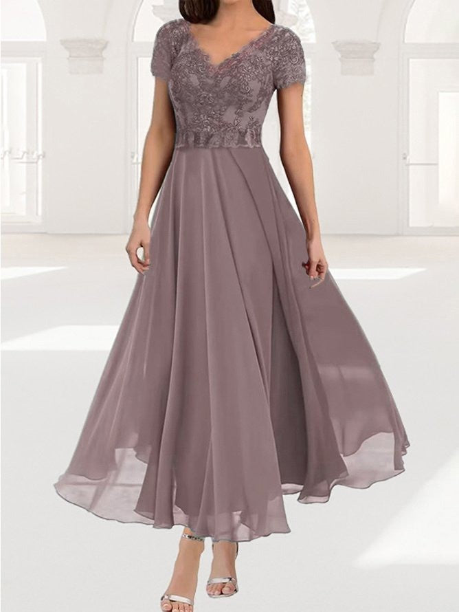 Women’s Maxi Dress – Lace Bodice – V-Neck – Short Sleeve – Flowing Skirt – Luxury Fabric