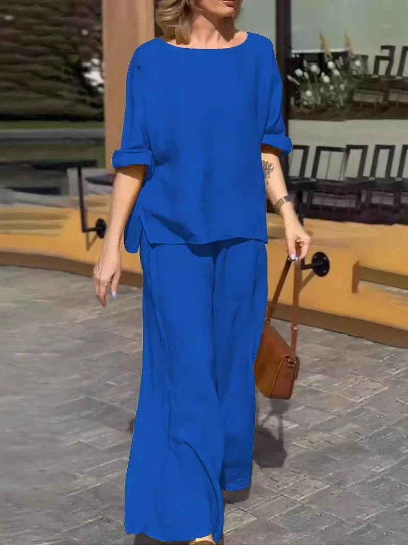 Women’s Two-Piece Set – Relaxed Fit – Breathable Blend – Half Sleeve Top – Wide Leg Pants
